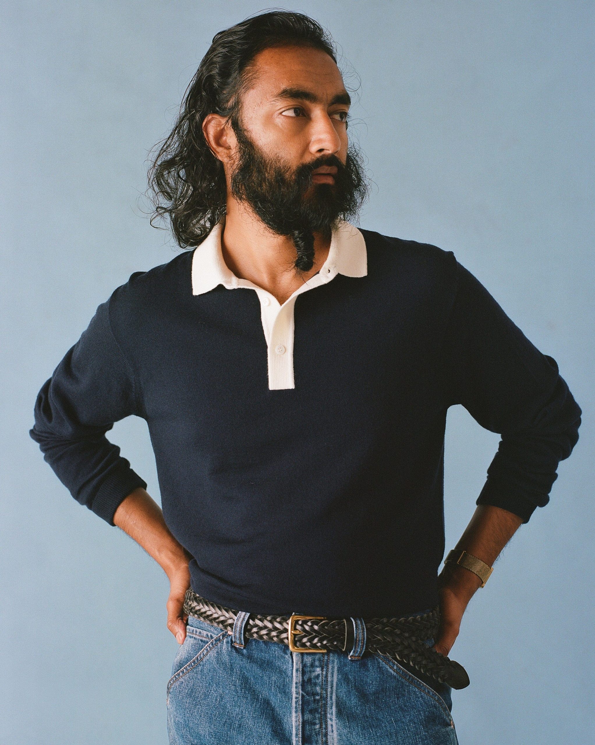 Navy Merino Wool Knitted Rugby Shirt - Image 6