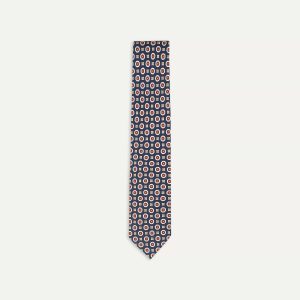 Navy and Red Geometric Medallion Print Silk Foulard Tie