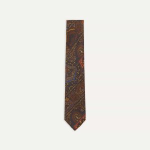 Brown. Navy and Red Paisley Print Madder Twill Silk Tie
