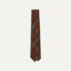 Brown Large Paisley Print Silk Self Tipped Tie