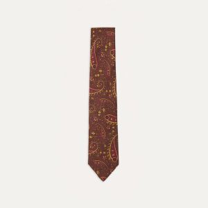 Brown. Red and Yellow Paisley Print Madder Twill Silk Tie