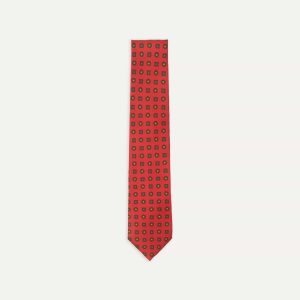 Red and Green Geometric Medallion Print Madder Twill Silk Tie