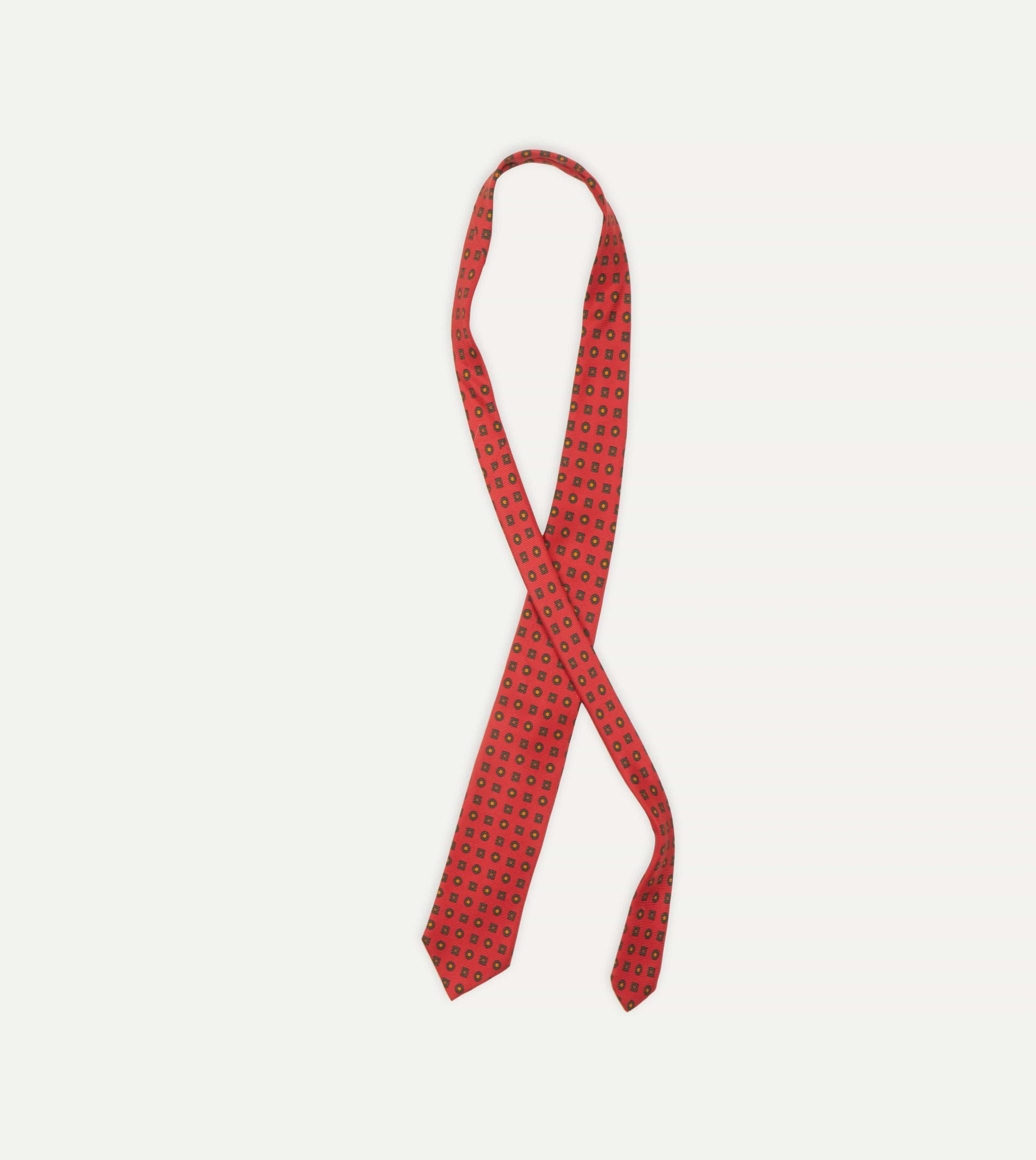 Red and Green Geometric Medallion Print Madder Twill Silk Tie - Image 4