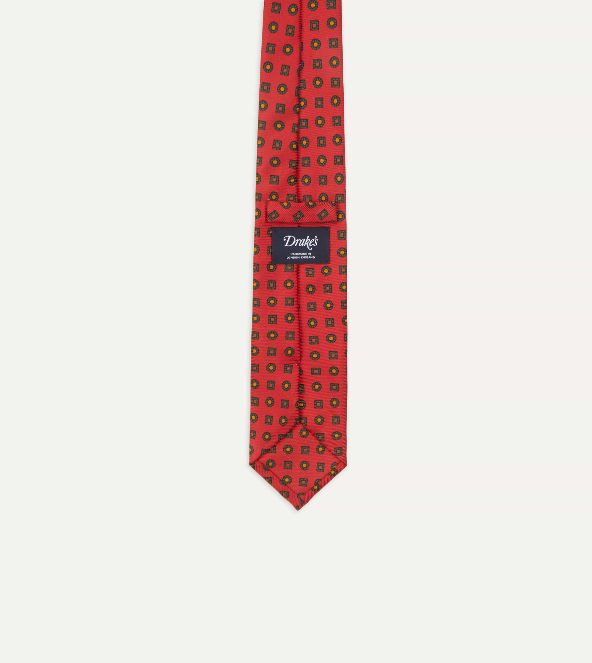 Red and Green Geometric Medallion Print Madder Twill Silk Tie - Image 5