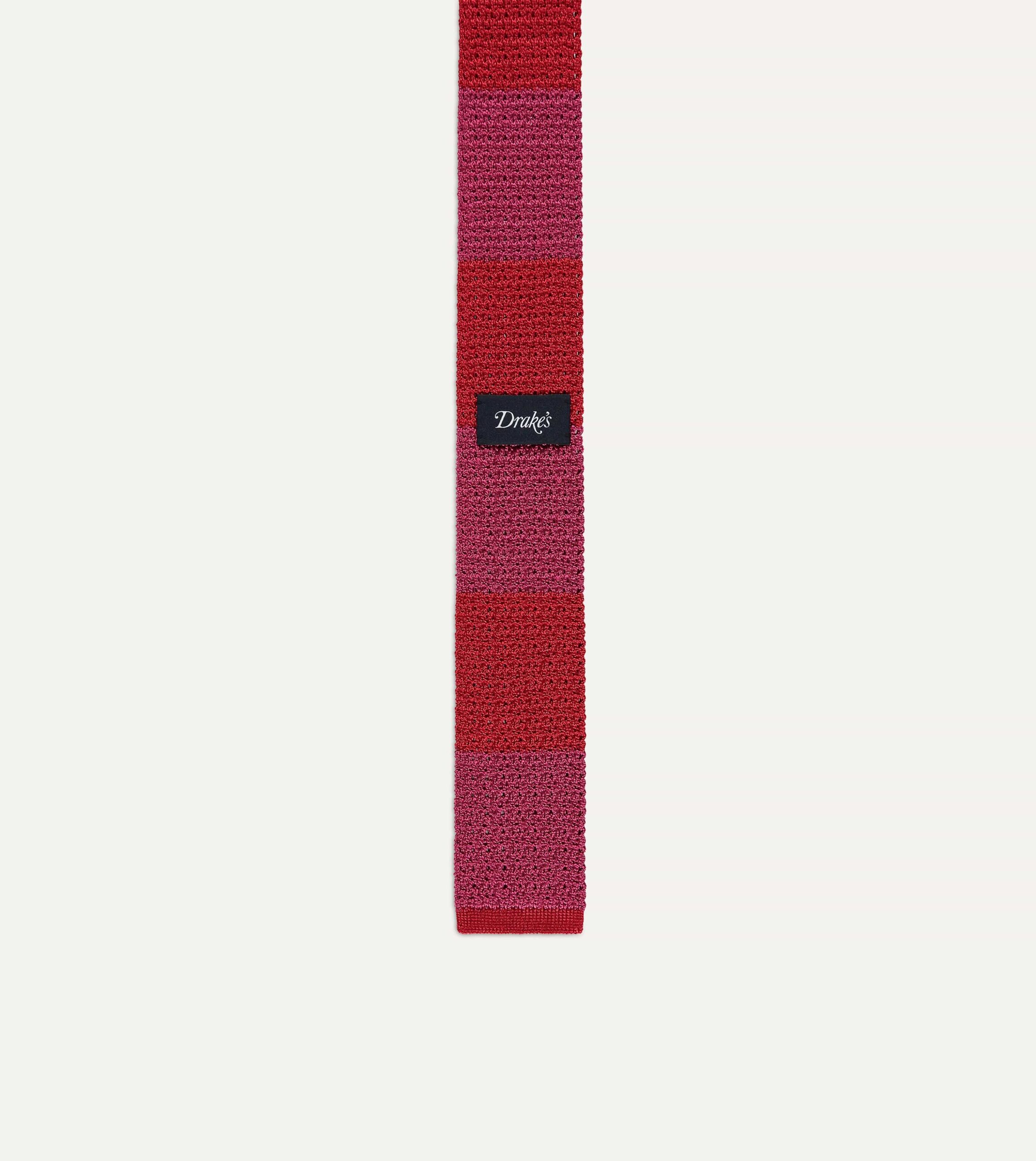 Pink and Red Block Stripe Knitted Silk Tie - Image 3