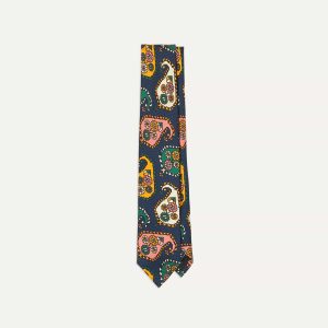 Navy Geometric Paisley Print Twill Silk Tipped Tie