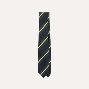 Navy. Green and White Regimental Stripe Mogador Tipped Tie