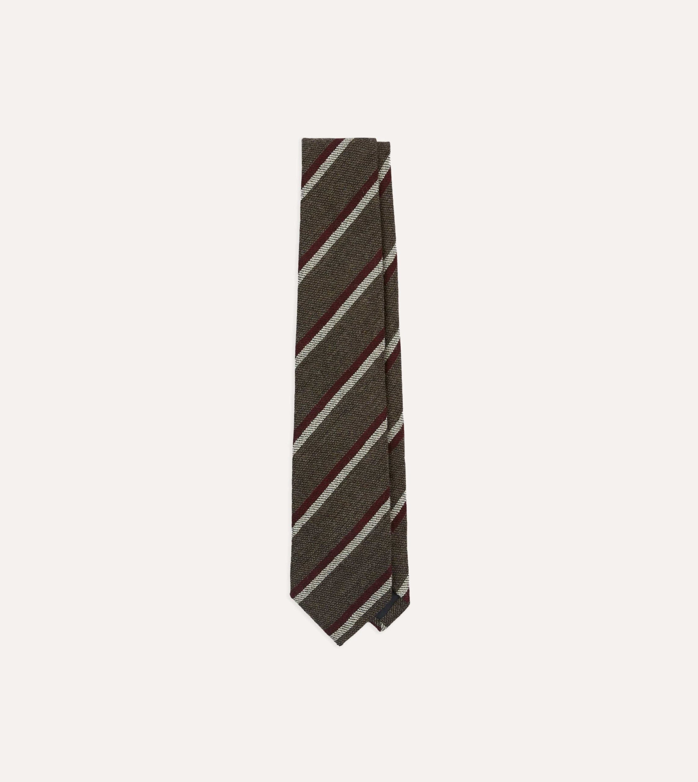 Brown. White and Red Double Stripe Tipped Wool Tie