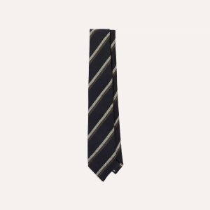 Navy. White and Brown Double Stripe Tipped Wool Tie