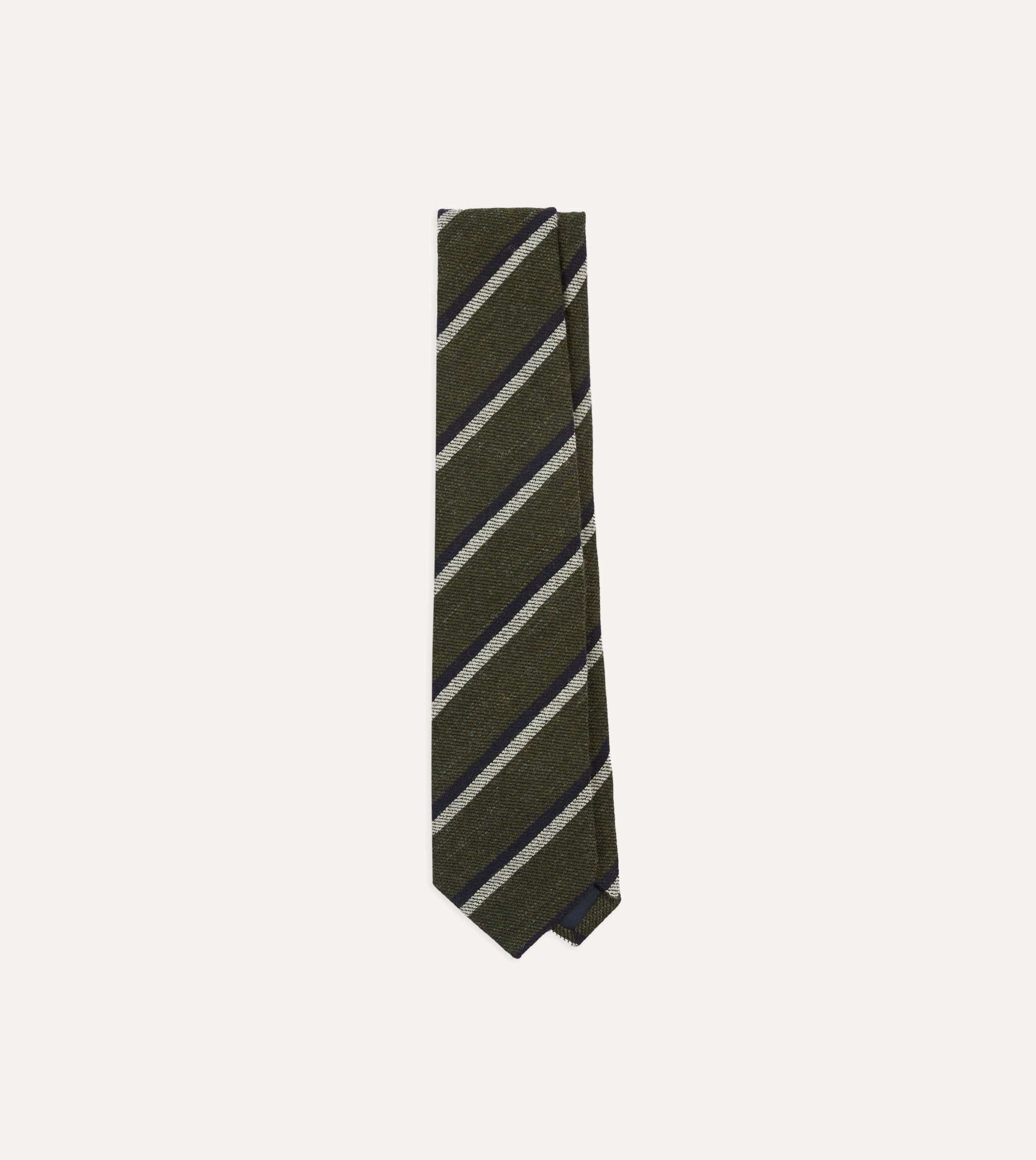 Khaki. White and Navy Double Stripe Tipped Wool Tie
