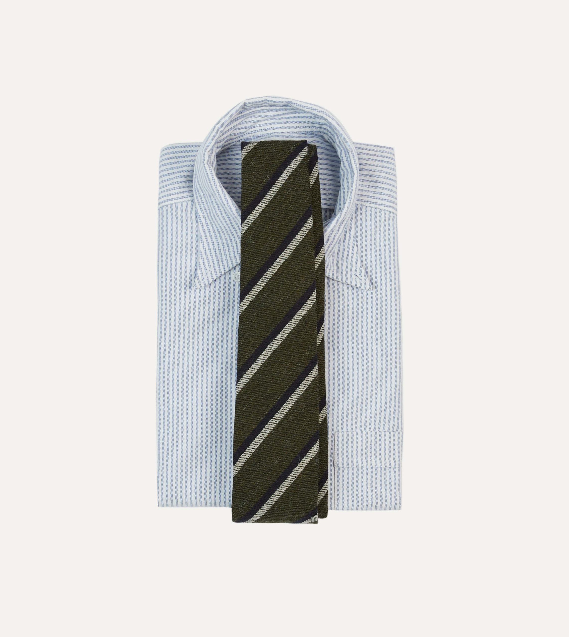 Khaki. White and Navy Double Stripe Tipped Wool Tie - Image 2
