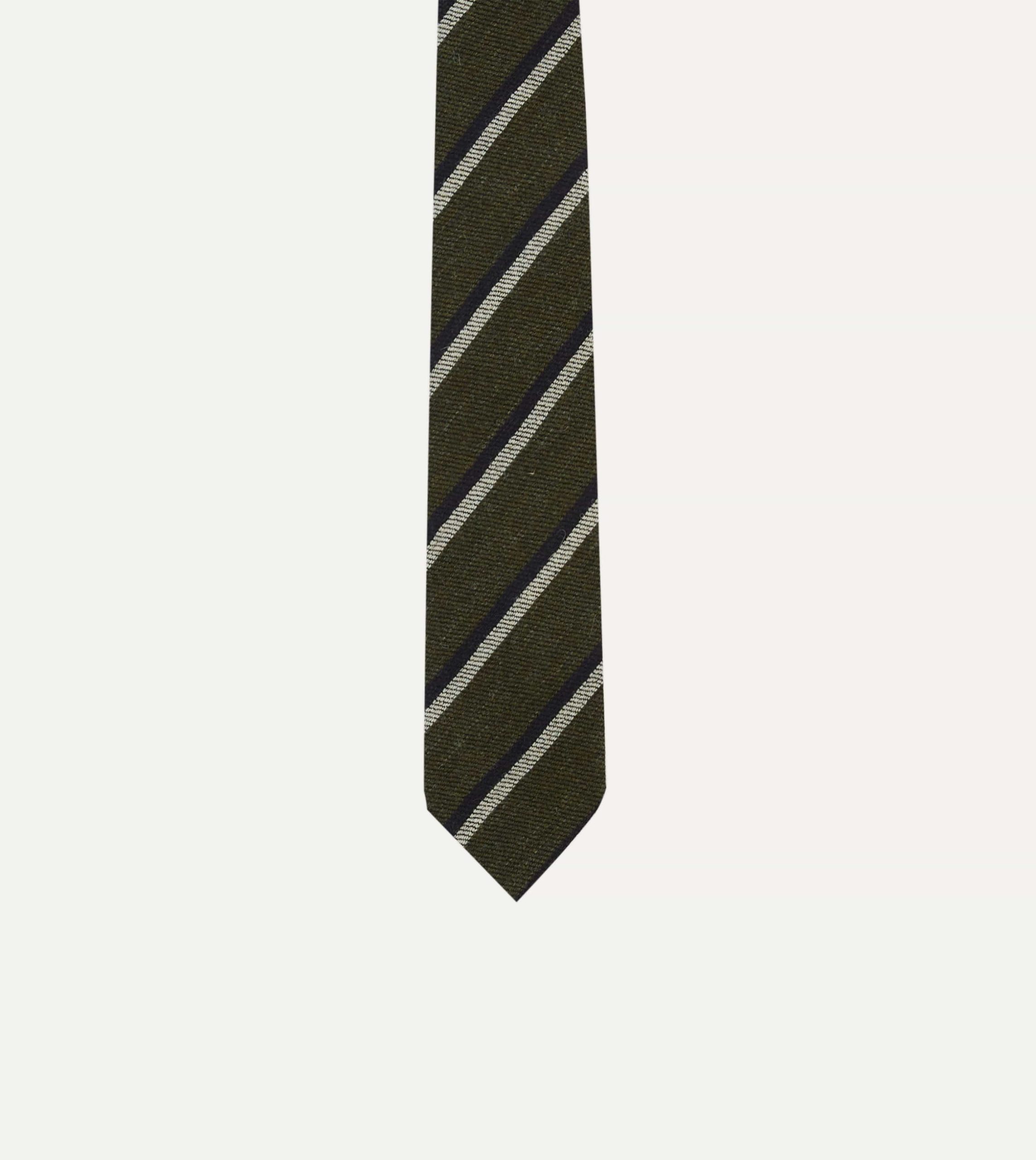 Khaki. White and Navy Double Stripe Tipped Wool Tie - Image 3