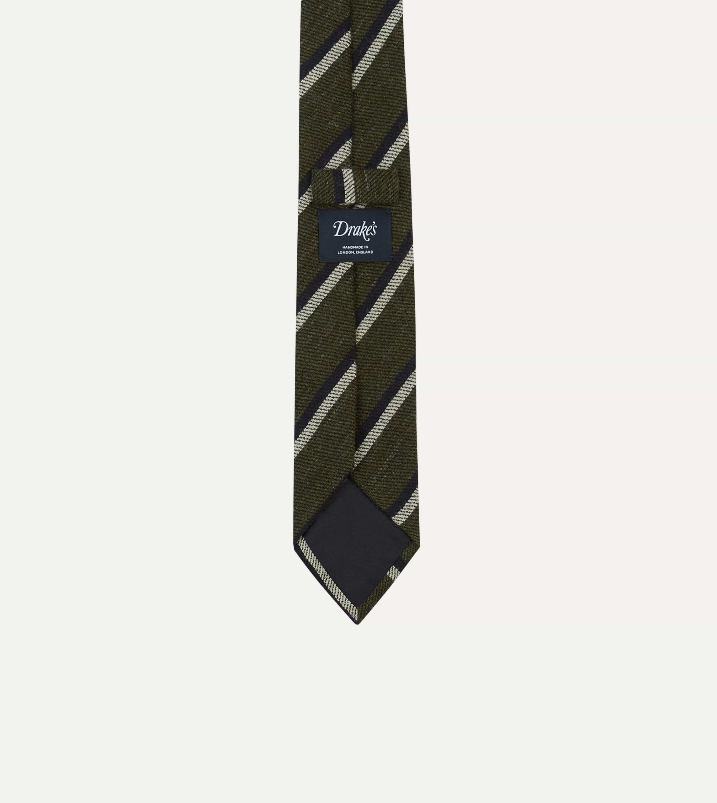 Khaki. White and Navy Double Stripe Tipped Wool Tie - Image 4