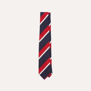 Navy. Red and White Double Broad Stripe Mogador Silk Tipped Tie