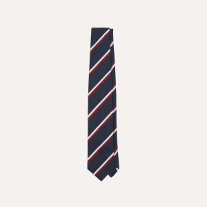 Navy. Red and White Double Stripe Mogador Silk Tipped Tie