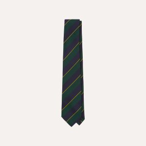 Navy. Green and Yellow Fine Stripe Mogador Silk Tipped Tie