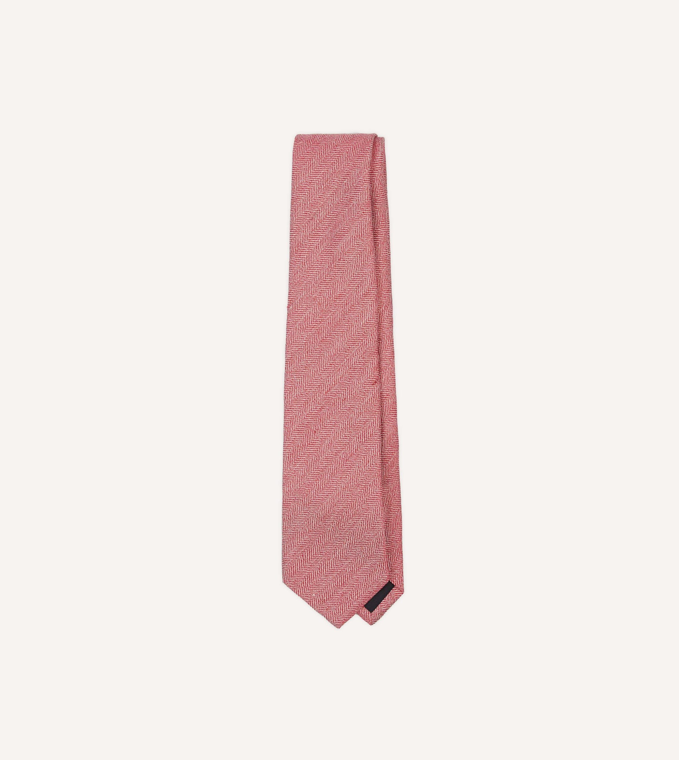 Red and Ecru Herringbone Linen Silk Tipped Tie