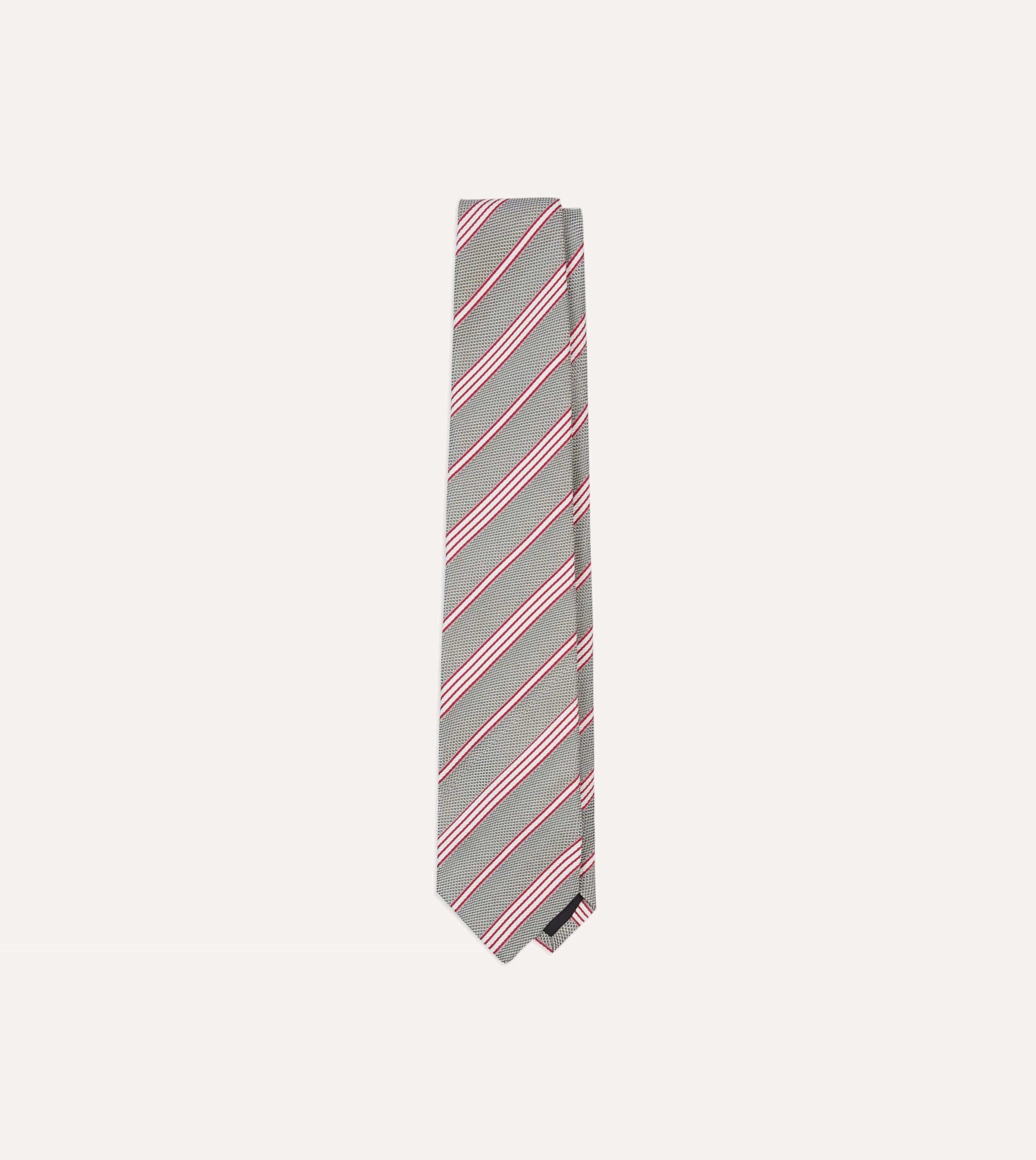 Grey. Red and Ecru Twill Stripe Tipped Silk Grenadine Tie
