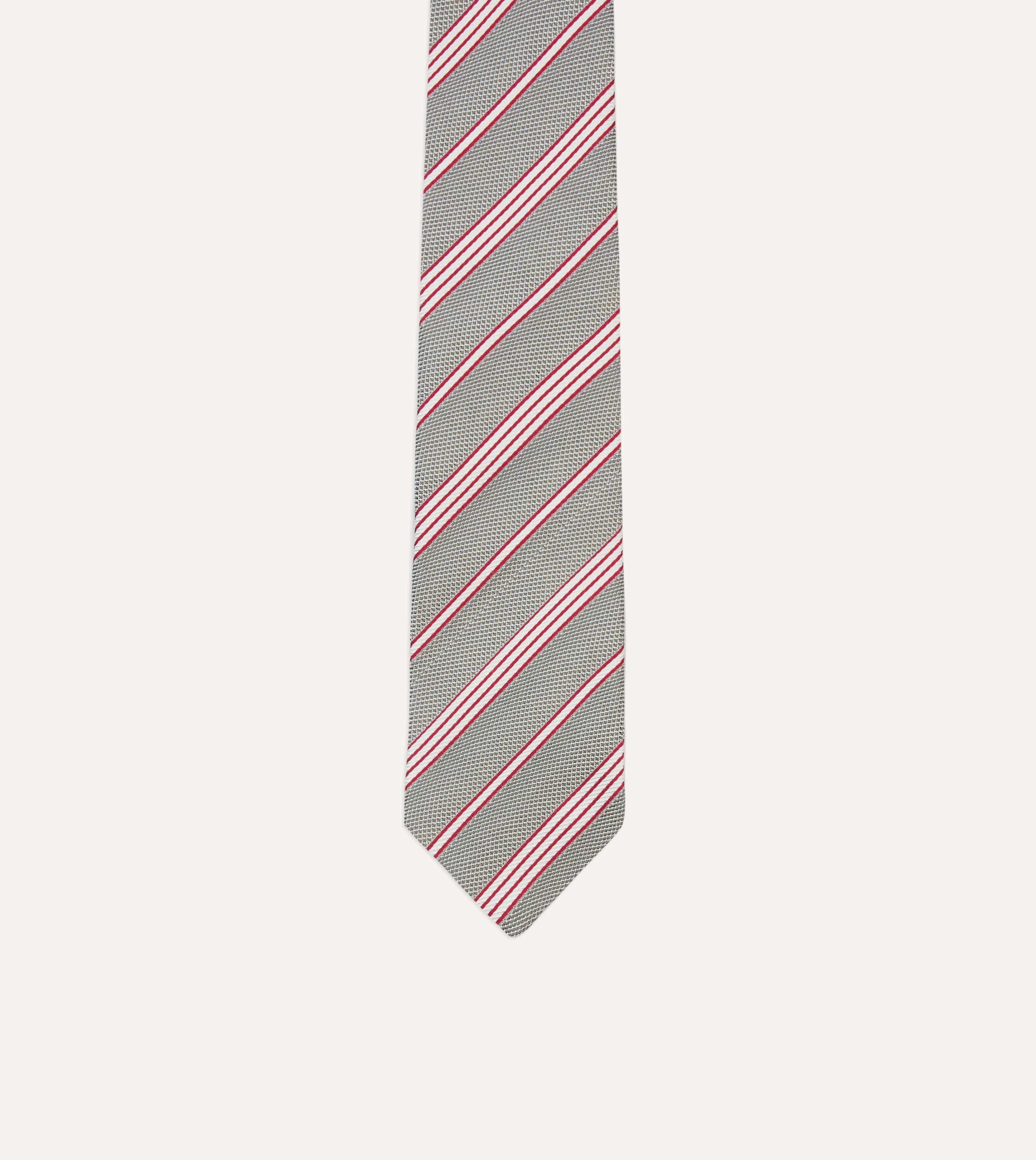 Grey. Red and Ecru Twill Stripe Tipped Silk Grenadine Tie - Image 3