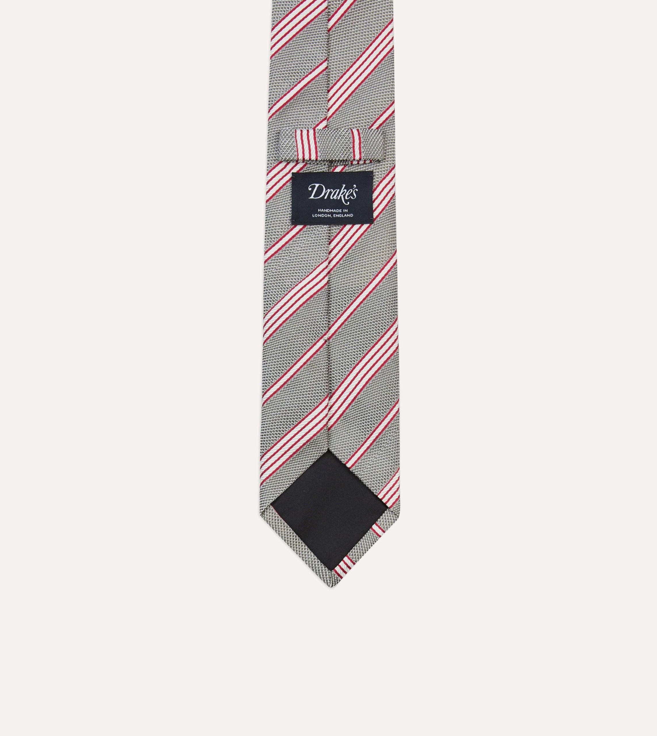 Grey. Red and Ecru Twill Stripe Tipped Silk Grenadine Tie - Image 4