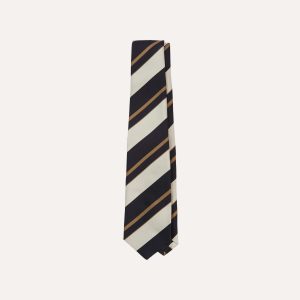 Navy. White and Fawn Stripe Repp Silk Tipped Tie