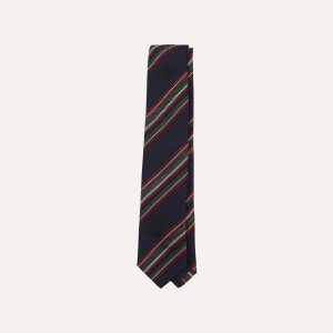 Navy. Green and Red Stripe Hand Rolled Silk Grenadine Tie