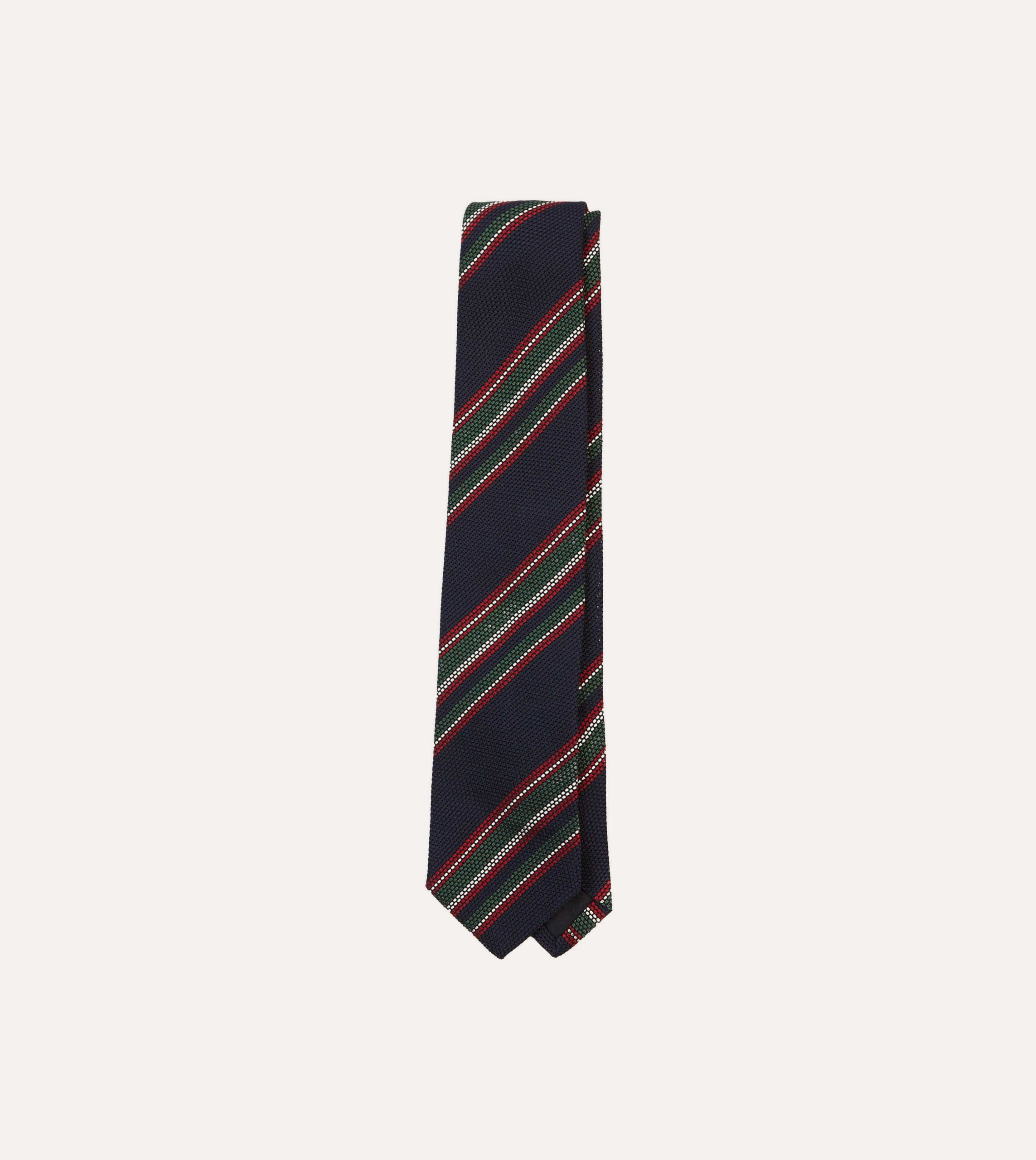 Navy. Green and Red Stripe Hand Rolled Silk Grenadine Tie