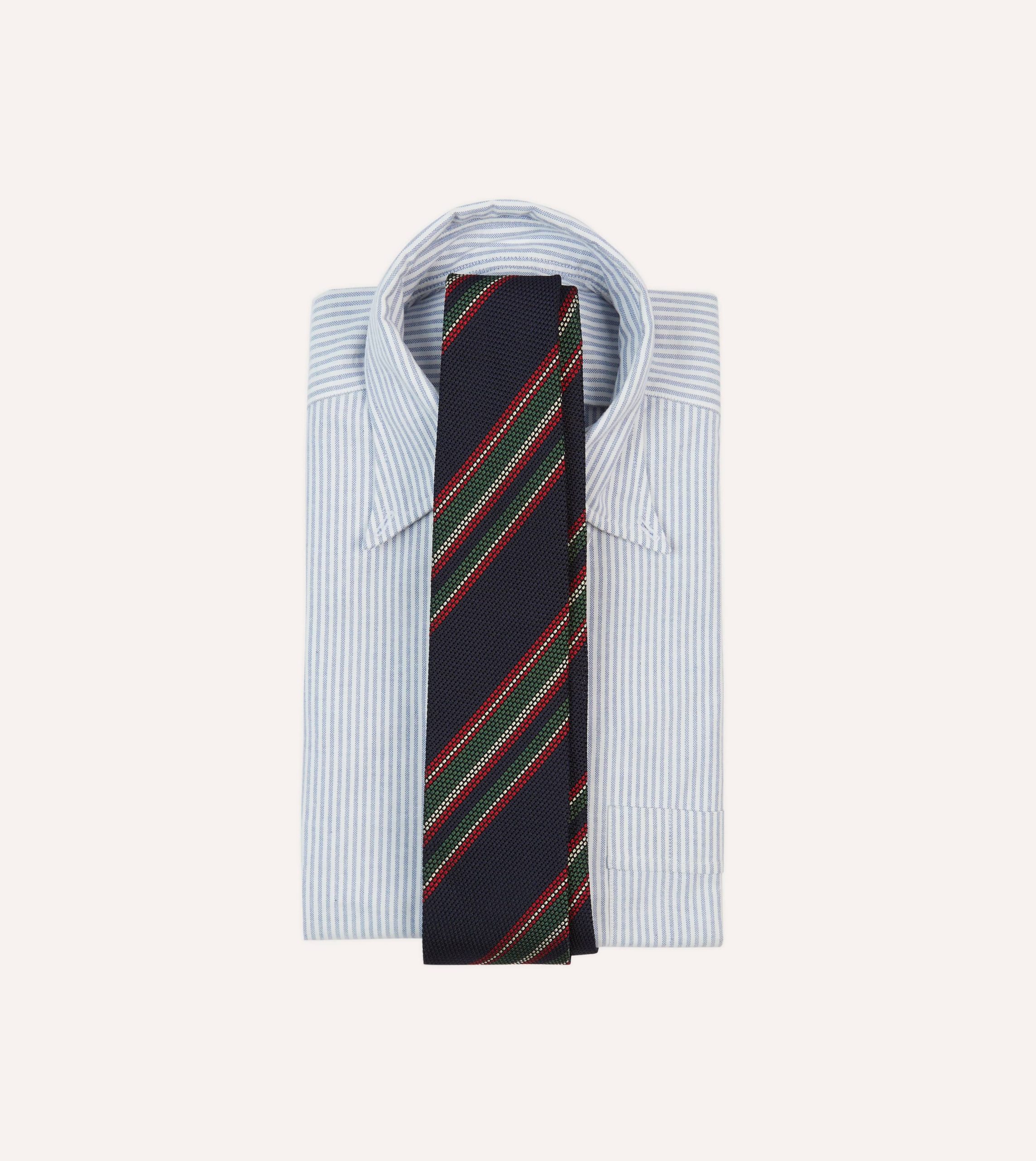 Navy. Green and Red Stripe Hand Rolled Silk Grenadine Tie - Image 2