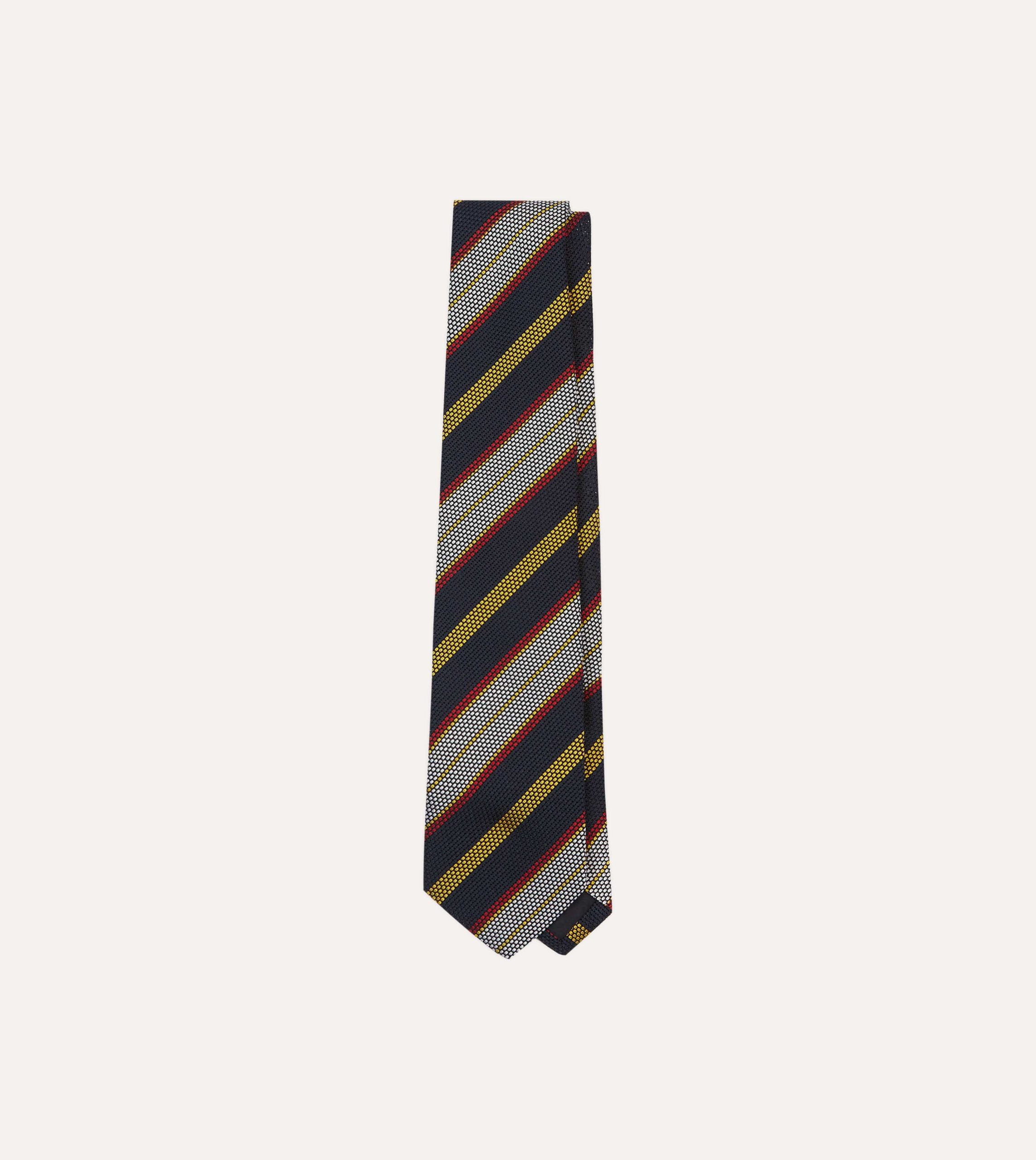 Navy. Yellow. Red and White Multi Stripe Tipped Silk Grenadine Tie