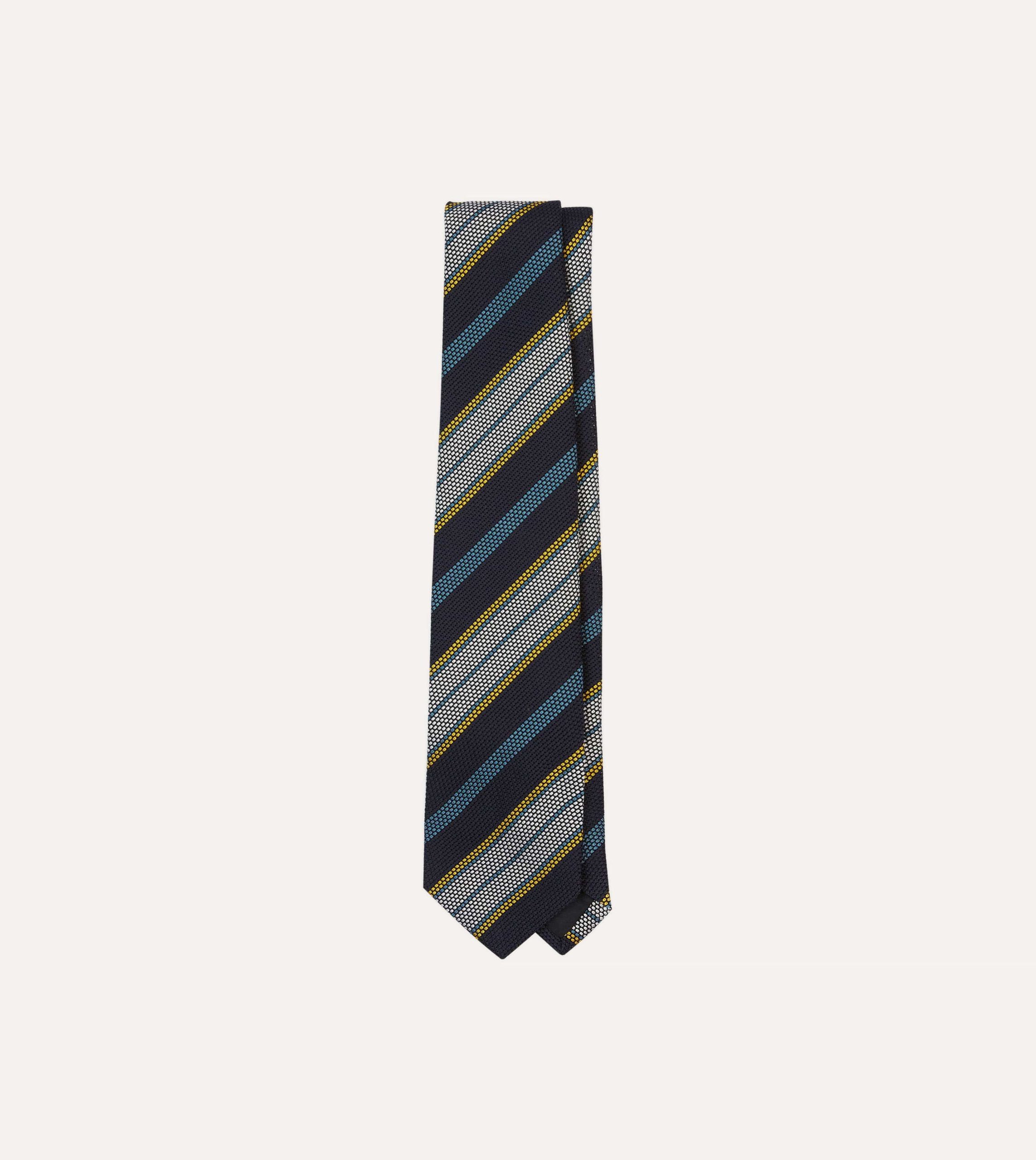 Navy. Blue. Yellow and White Multi Stripe Tipped Silk Grenadine Tie