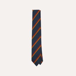 Navy. Red and Gold Stripe Mogador Cotton-Silk Tipped Tie