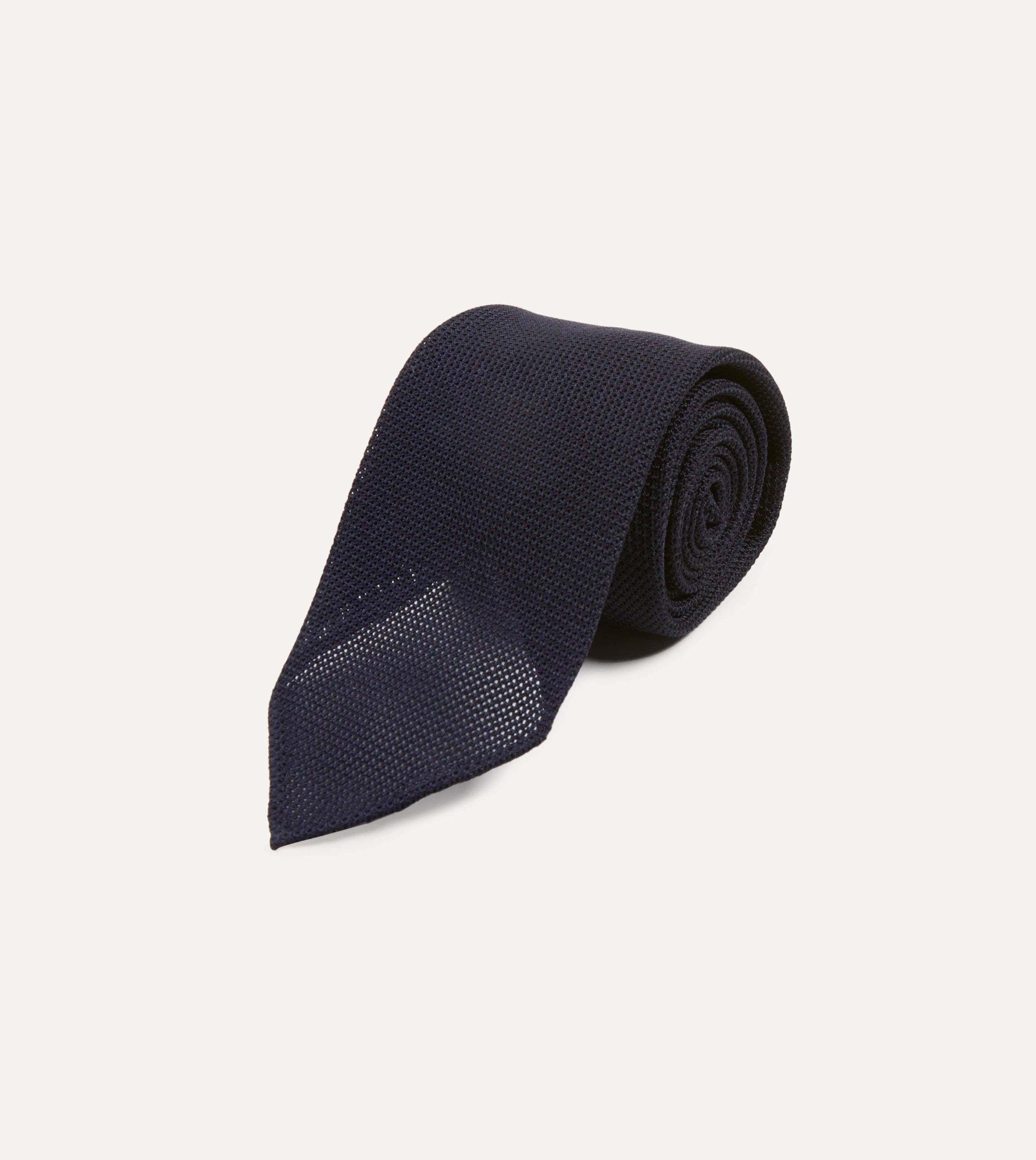 Dark Navy Fine Woven Grenadine Silk Hand Rolled Tie - Image 2