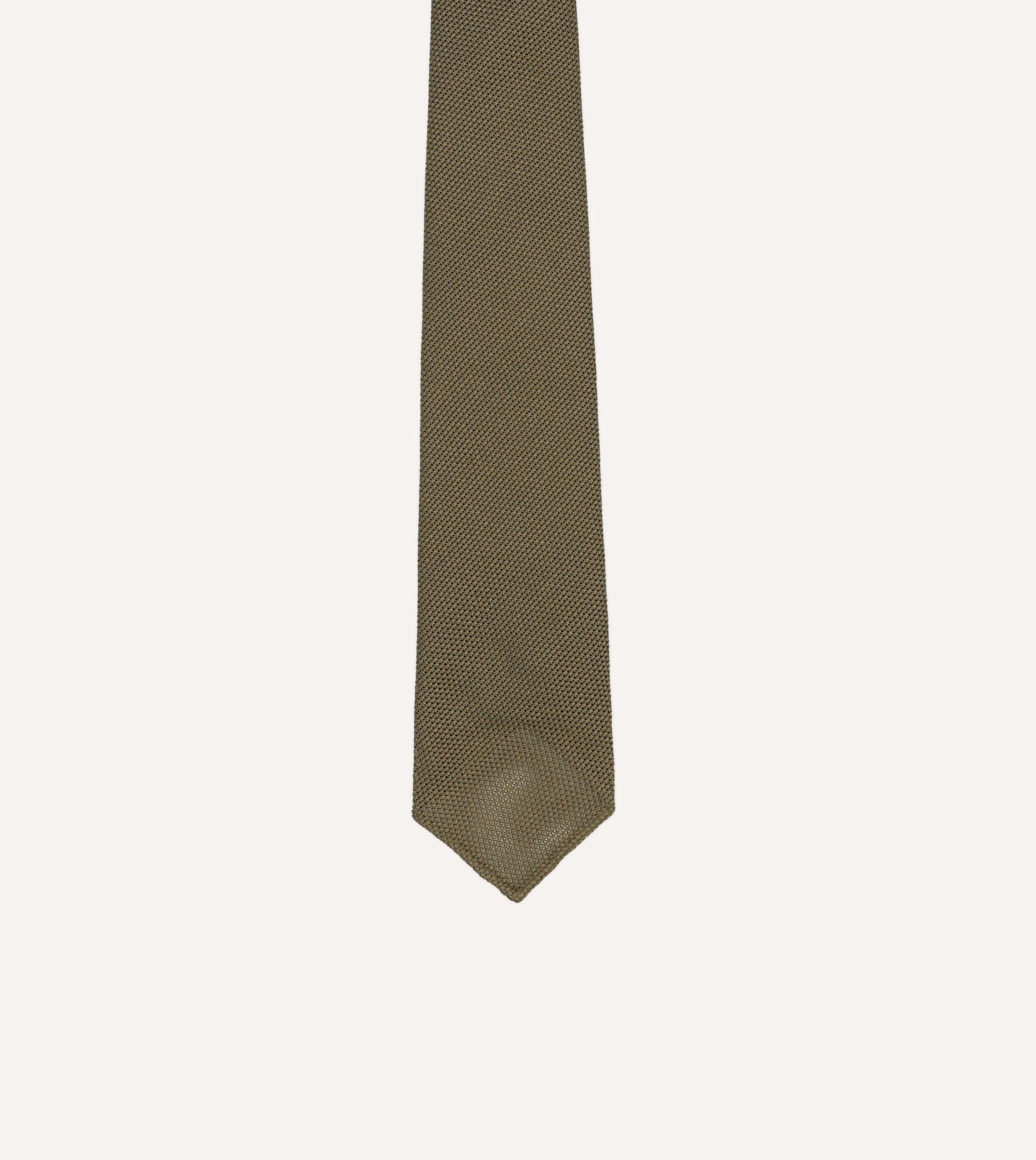 Khaki Green Fine Woven Grenadine Silk Hand Rolled Tie - Image 3