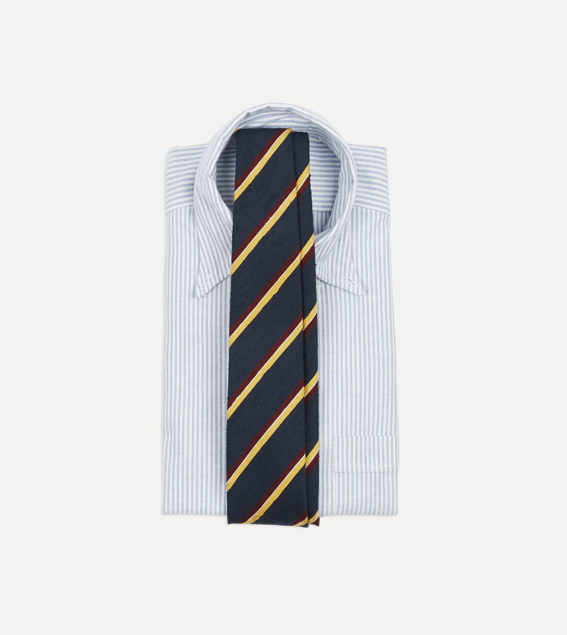 Navy. Red and Yellow Stripe Shantung Silk Tie - Image 2