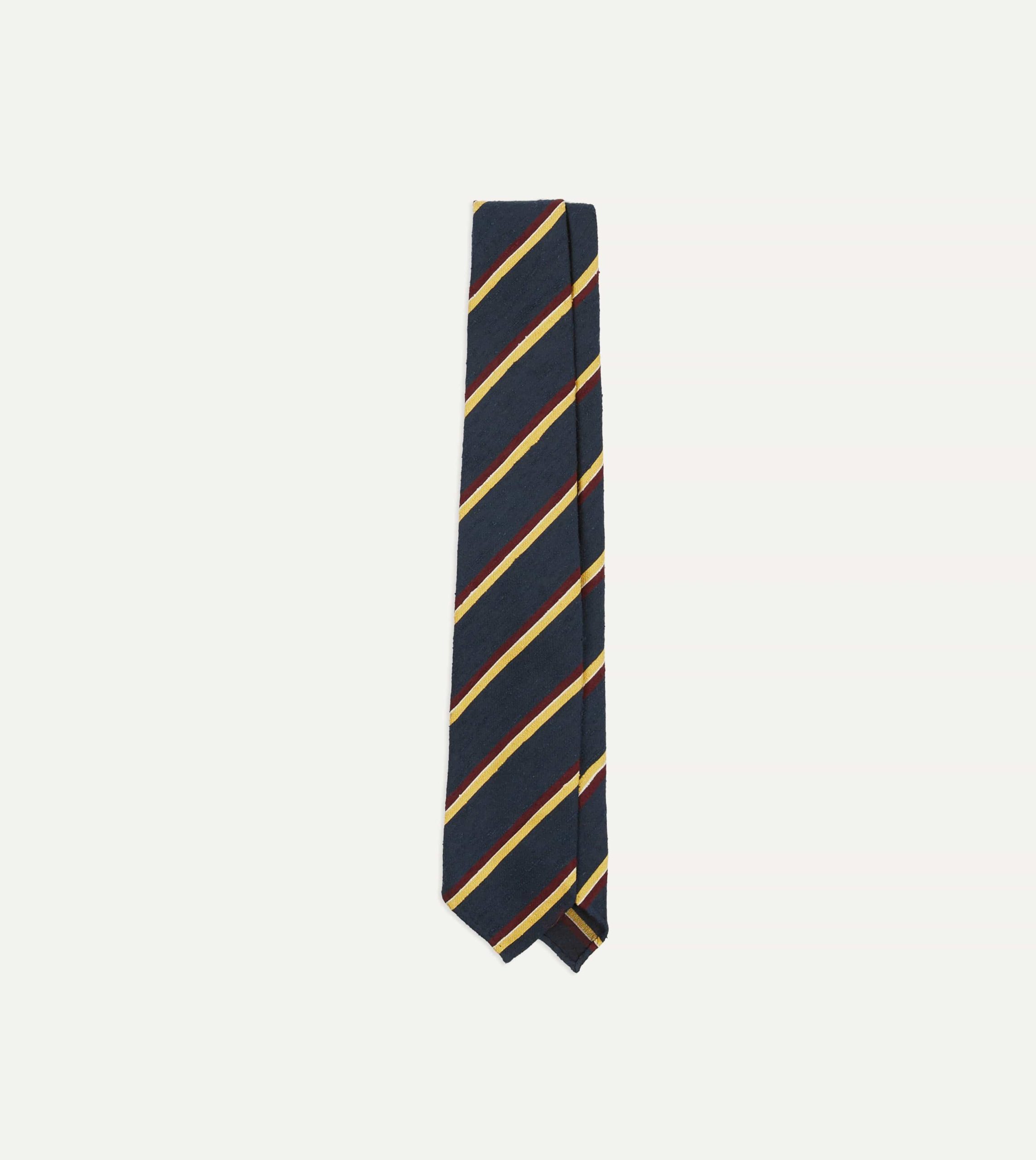 Navy. Red and Yellow Stripe Shantung Silk Tie