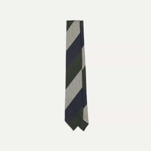 Navy. Green and White Wide Stripe Silk Grenadine Tie