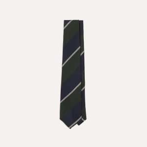 Navy. Green and White Stripe Silk Grenadine Tie