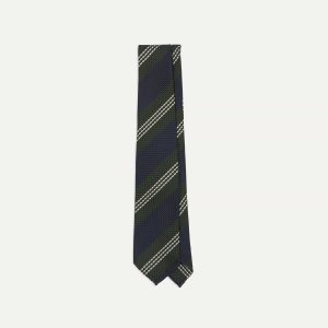 Navy. Green and White Multi Stripe Silk Grenadine Tie
