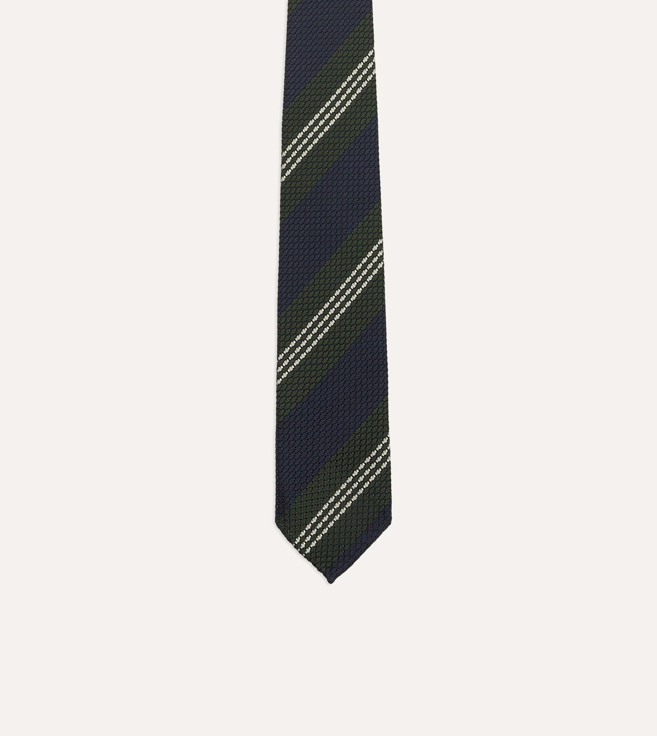 Navy. Green and White Multi Stripe Silk Grenadine Tie - Image 4