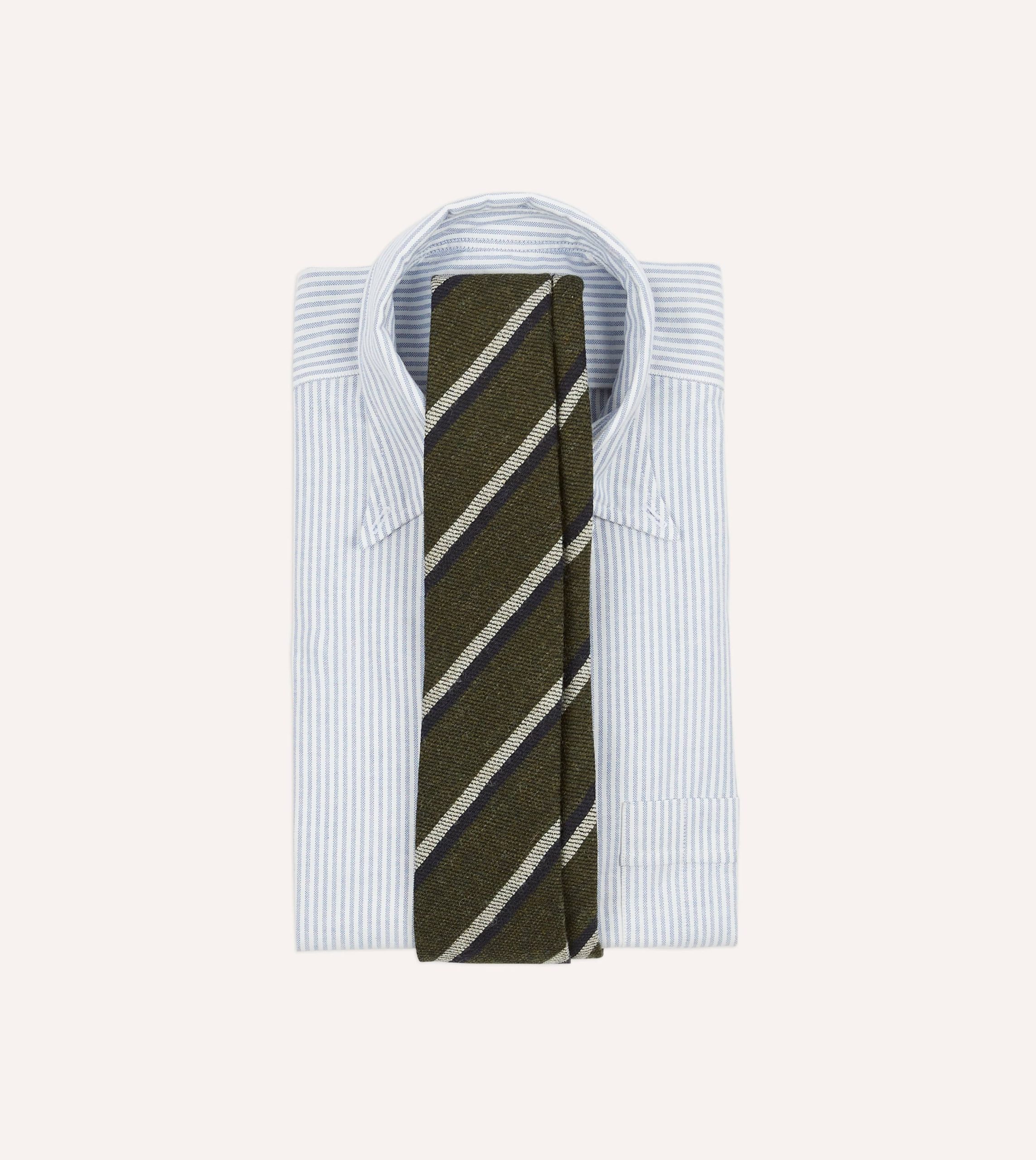 Green and Navy Sandwich Stripe Hand Rolled Shetland Wool Tie - Image 2