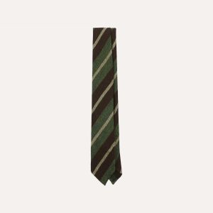 Brown and Green Block Stripe Herringbone Hand Rolled Shetland Wool Tie