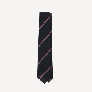 Navy. Red and White Stripe Silk Grenadine Tie