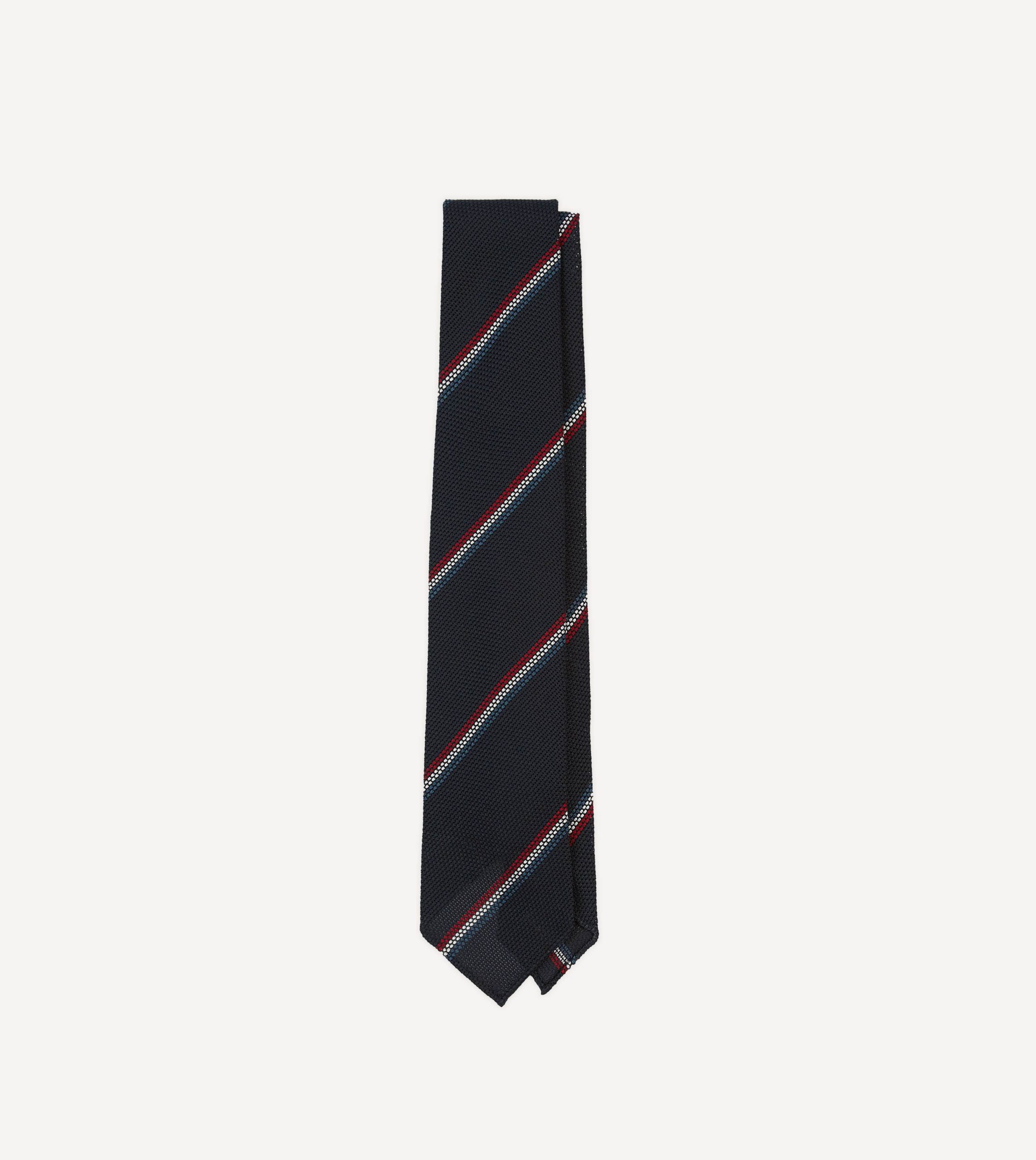 Navy. Red and White Stripe Silk Grenadine Tie
