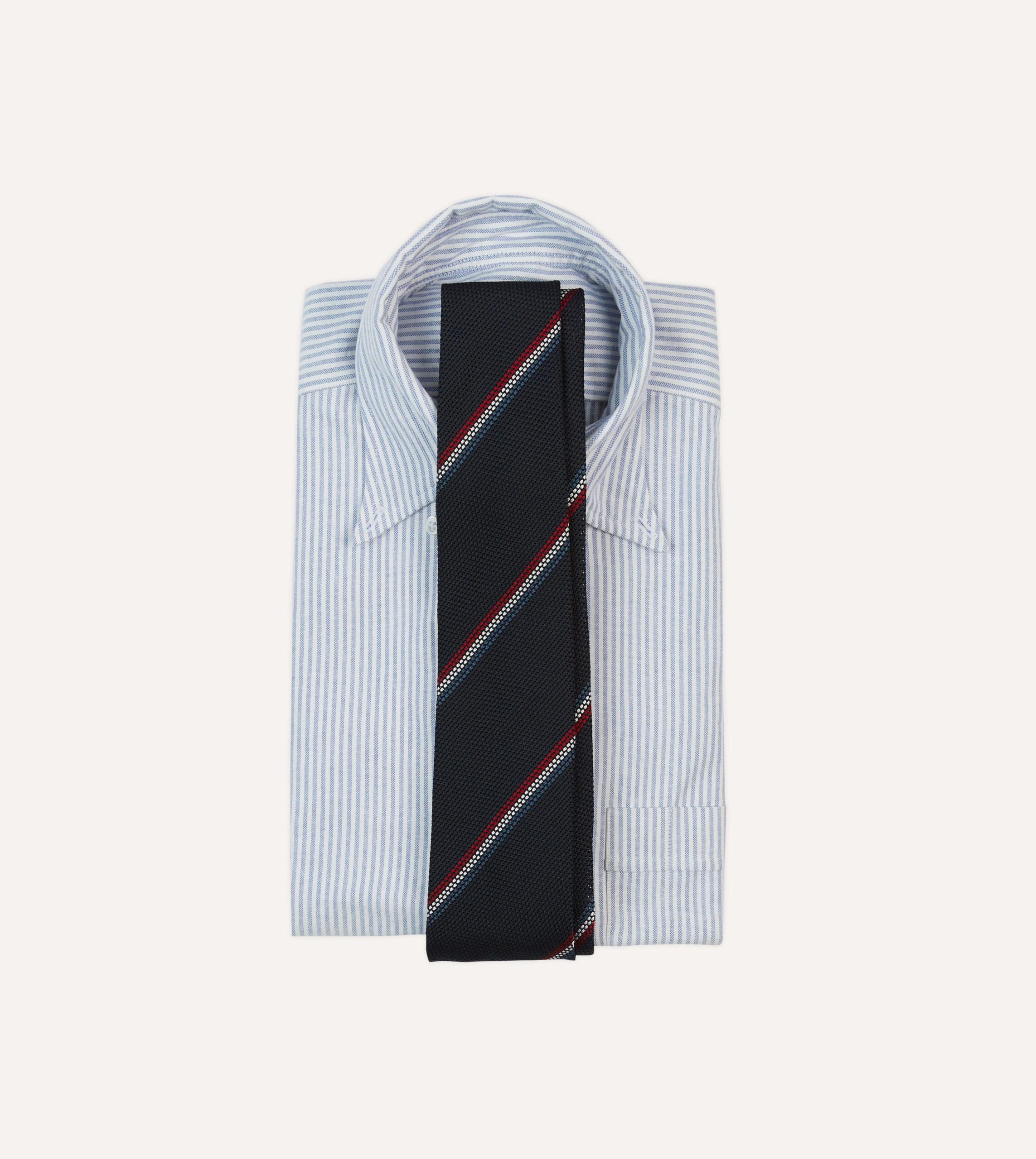 Navy. Red and White Stripe Silk Grenadine Tie - Image 2