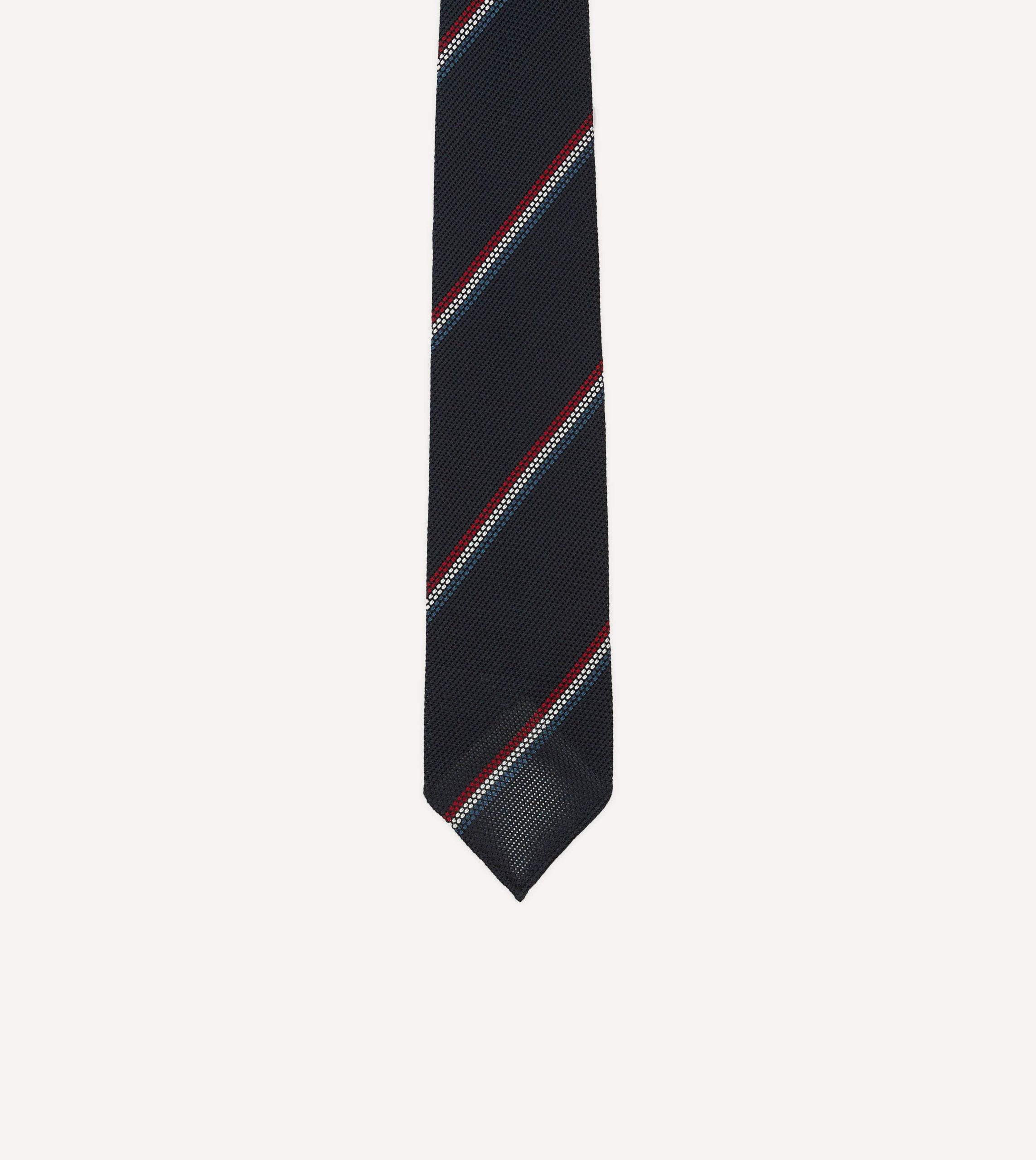 Navy. Red and White Stripe Silk Grenadine Tie - Image 3