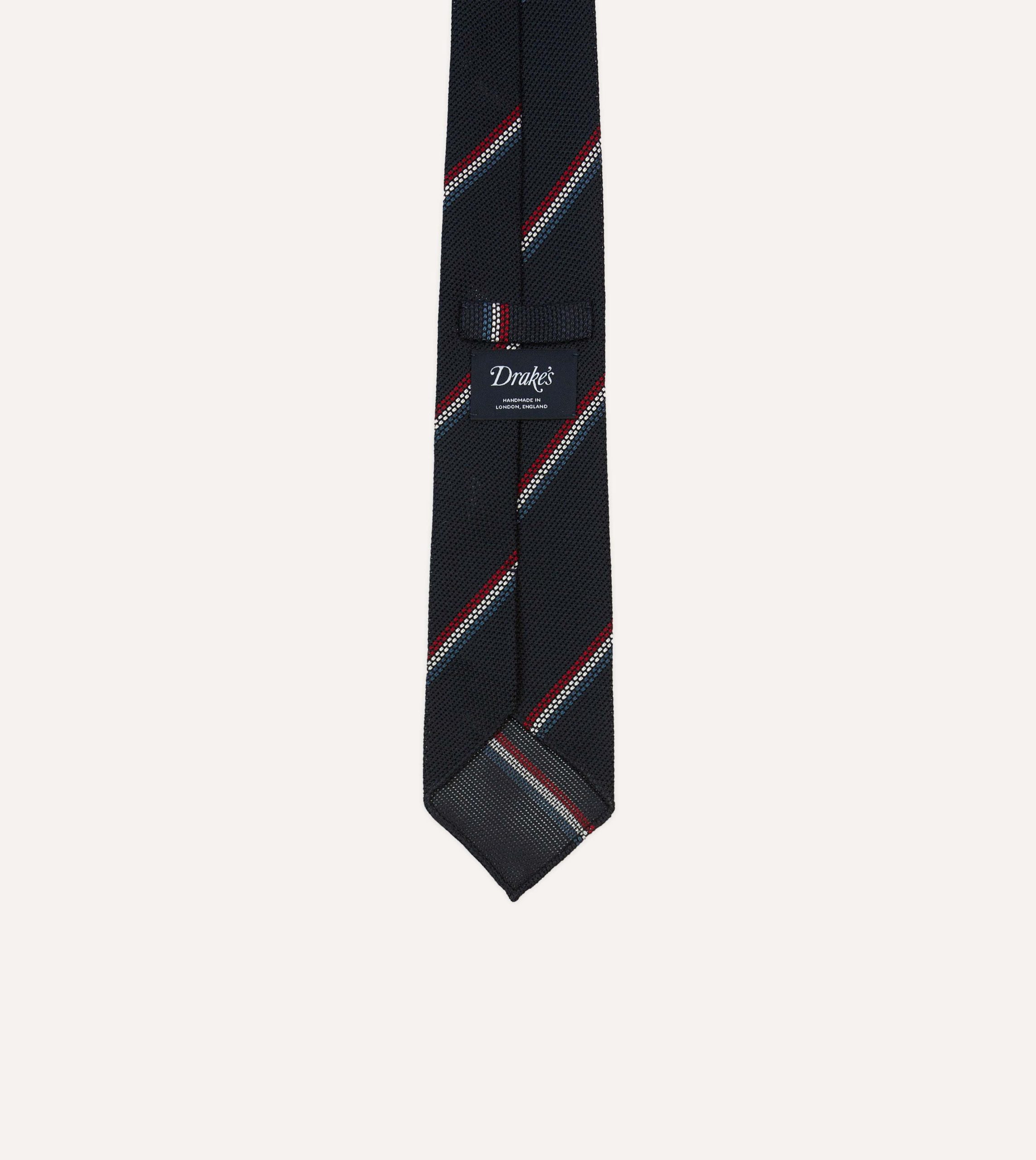 Navy. Red and White Stripe Silk Grenadine Tie - Image 4
