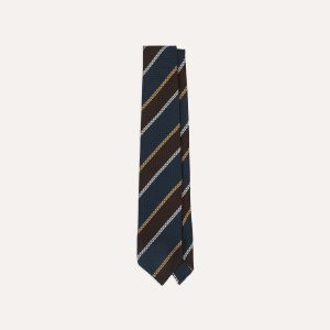 Navy. White and Brown Stripe Hand Rolled Silk Grenadine Tie