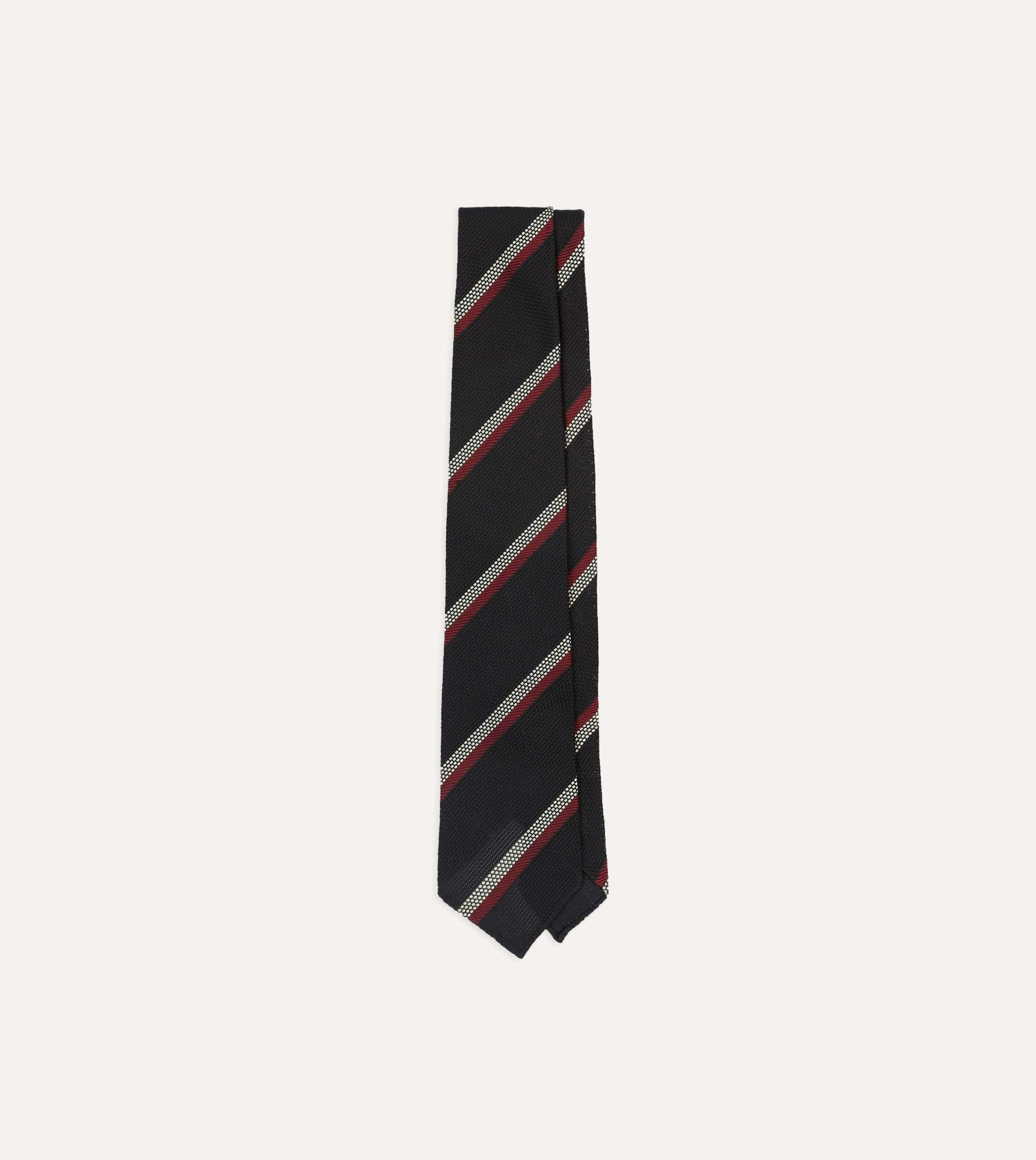 Black. White and Red Stripe Hand Rolled Silk Grenadine Tie
