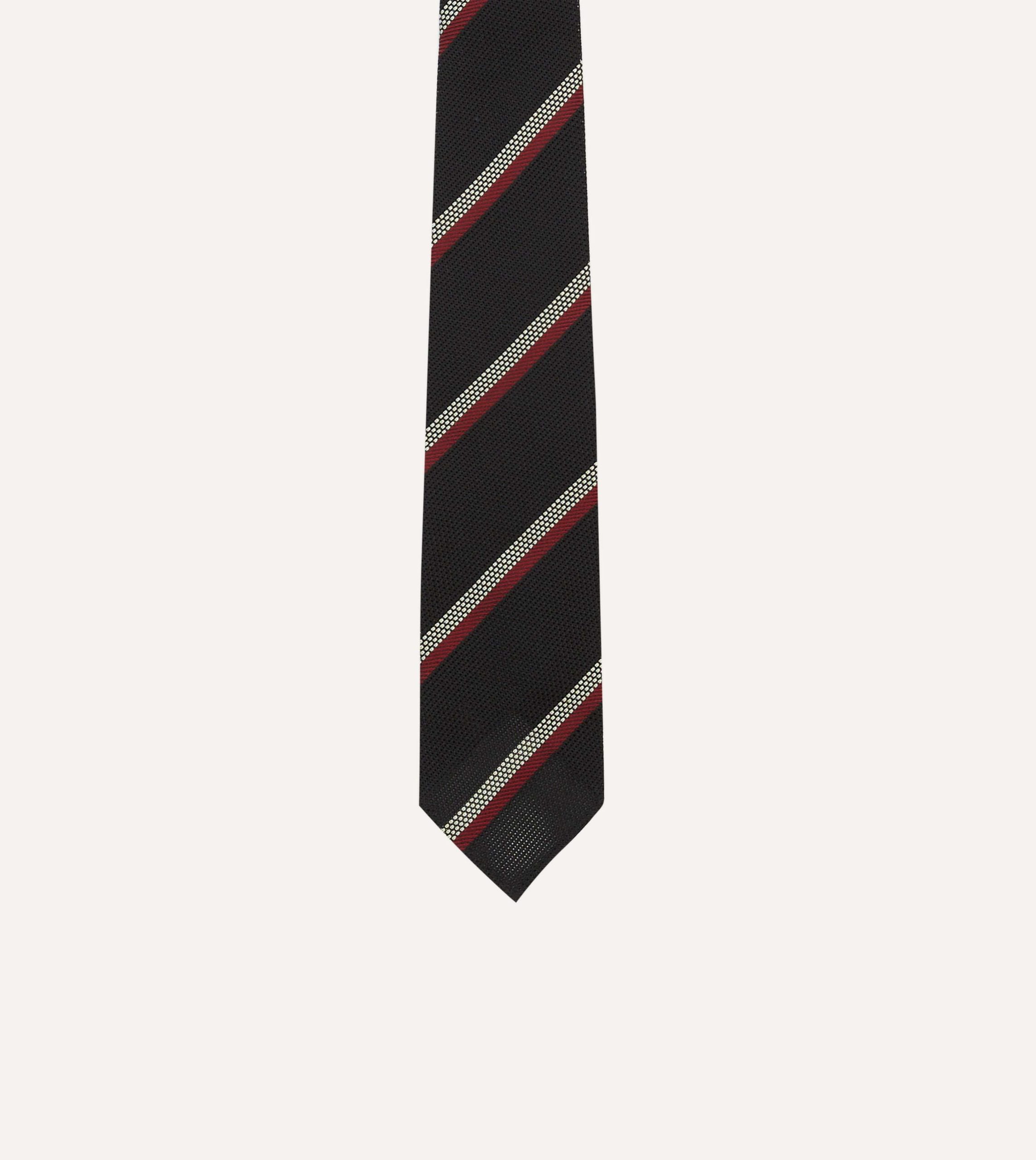 Black. White and Red Stripe Hand Rolled Silk Grenadine Tie - Image 3