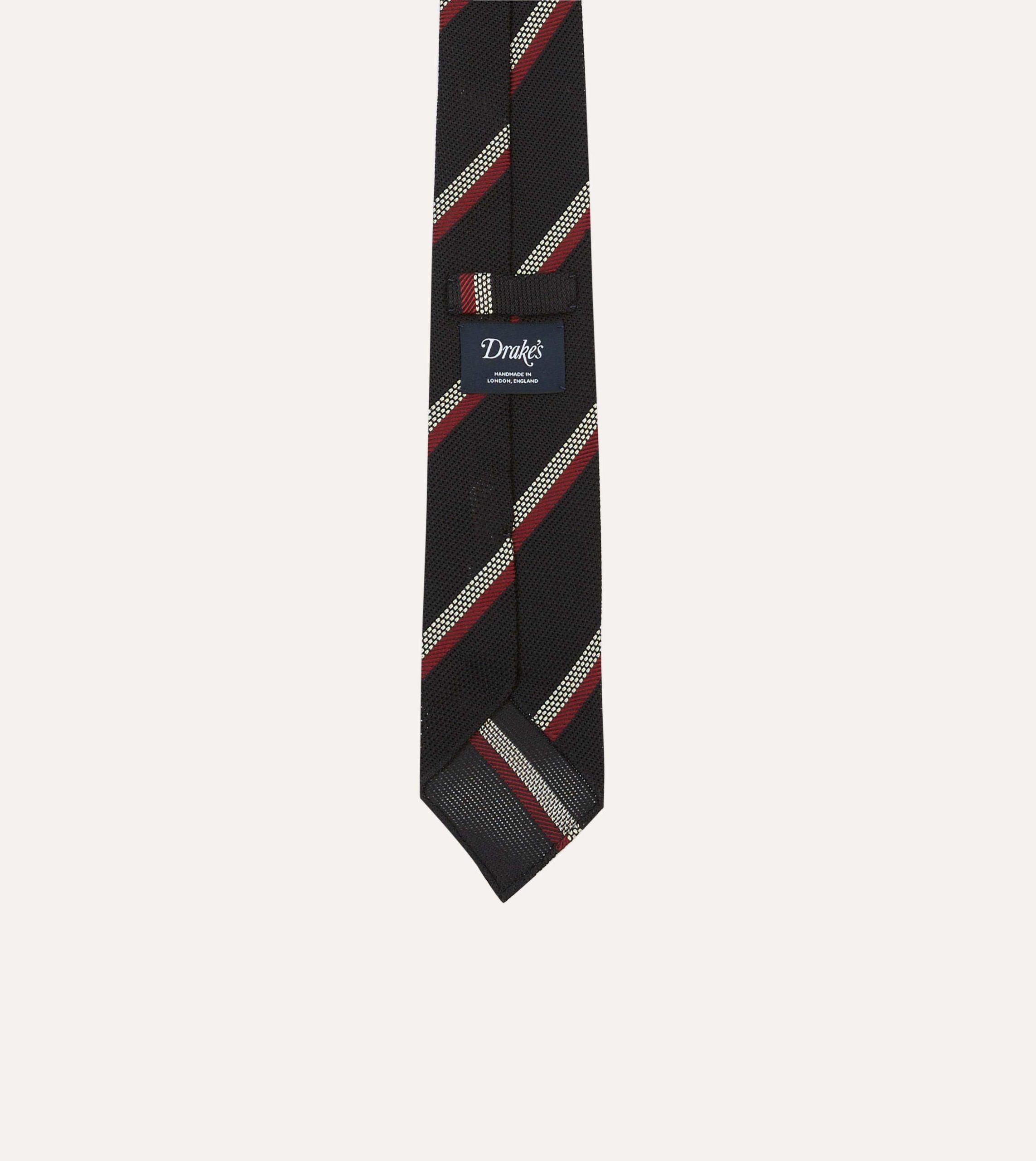 Black. White and Red Stripe Hand Rolled Silk Grenadine Tie - Image 4